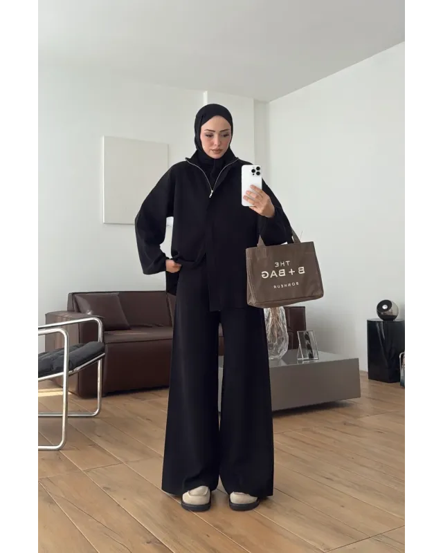 Black Double-Zip Structured Knit Set