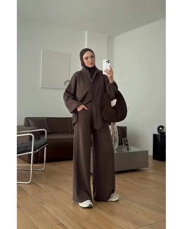 Brown Double-Zip Structured Knit Set