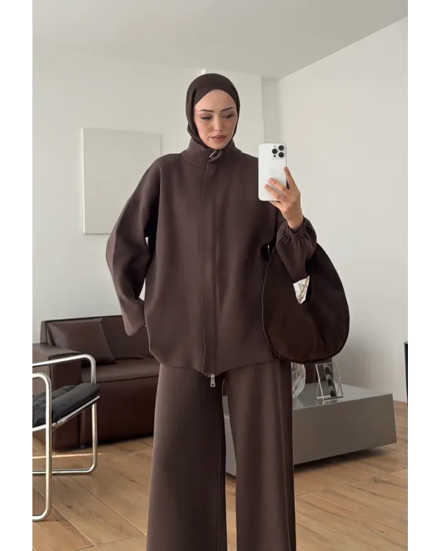 Brown Double-Zip Structured Knit Set