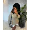 Beige Contrast Shoulder-Padded Jacket with Black Collar