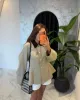 Beige Contrast Shoulder-Padded Jacket with Black Collar
