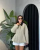 Beige Contrast Shoulder-Padded Jacket with Black Collar