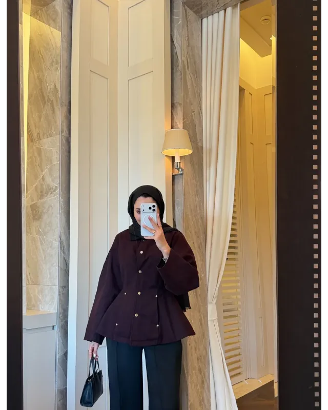 Dark Berry Contrast Shoulder-Padded Jacket with Black Collar