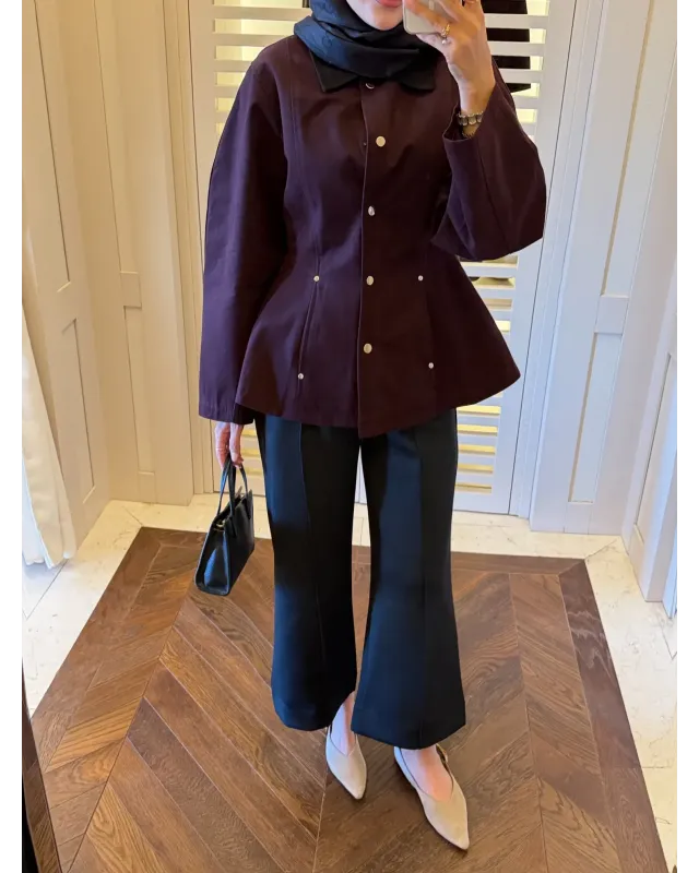 Dark Berry Contrast Shoulder-Padded Jacket with Black Collar