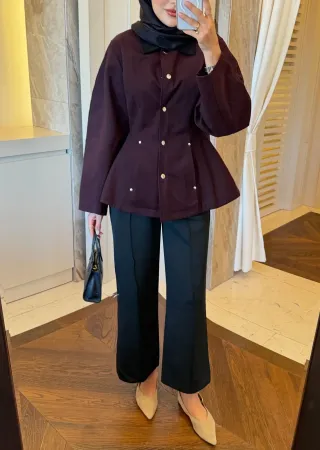 Dark Berry Contrast Shoulder-Padded Jacket with Black Collar