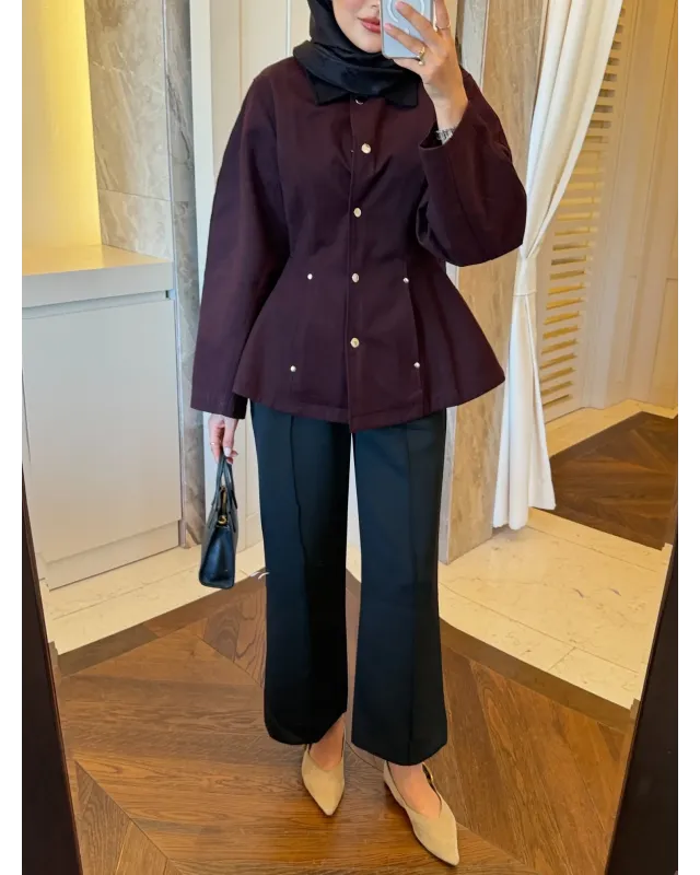 Dark Berry Contrast Shoulder-Padded Jacket with Black Collar