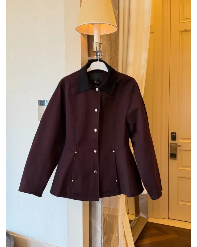 Dark Berry Contrast Shoulder-Padded Jacket with Black Collar