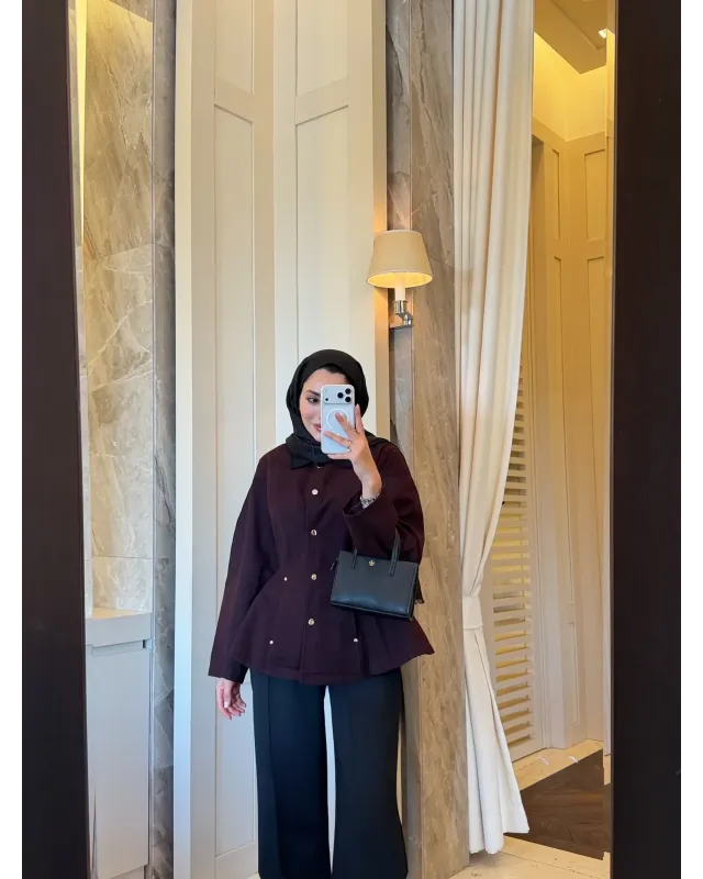 Dark Berry Contrast Shoulder-Padded Jacket with Black Collar