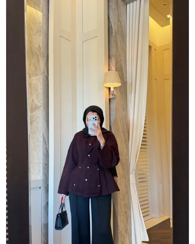 Dark Berry Contrast Shoulder-Padded Jacket with Black Collar