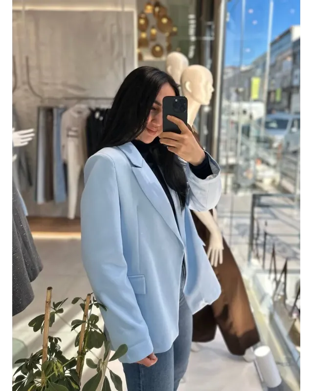 بليزر مبطن ازرق باكمام مقلمة