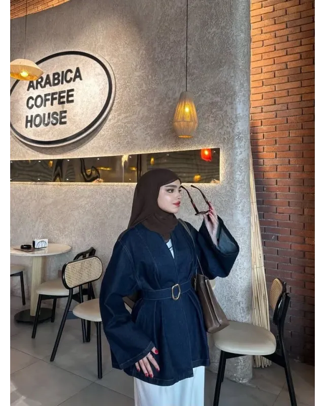 جاكيت جينز مع حزام - جينز الأزرق الغامق